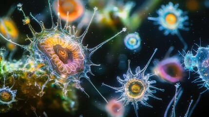 Obraz premium Vibrant Microorganisms in Deep Ocean Water Under Magnification