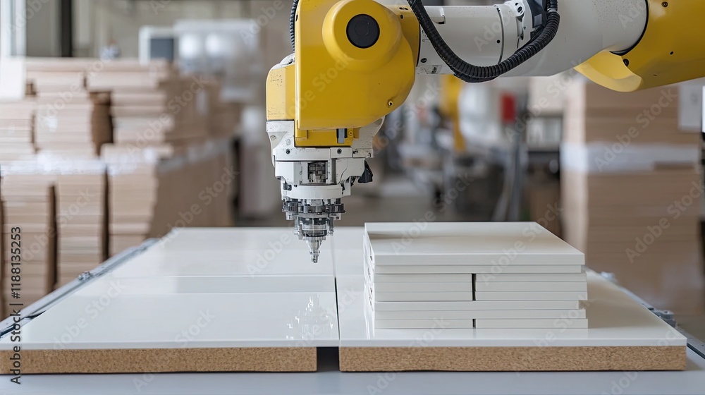 Poster robotic arm equipped with a vacuum grip, lifting smooth panels in an automated assembly line.