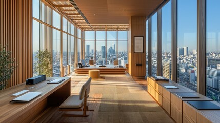 Obraz premium Modern Office Interior with City View and Natural Light