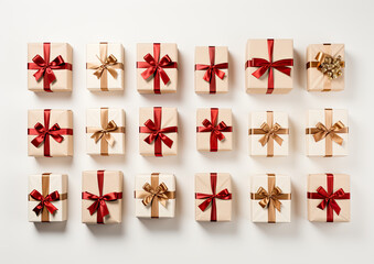 Fototapeta premium Festive Gift Boxes Arranged in Rows on White Background