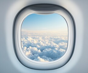 View of fluffy clouds and blue sky through an airplane window during a sunny day