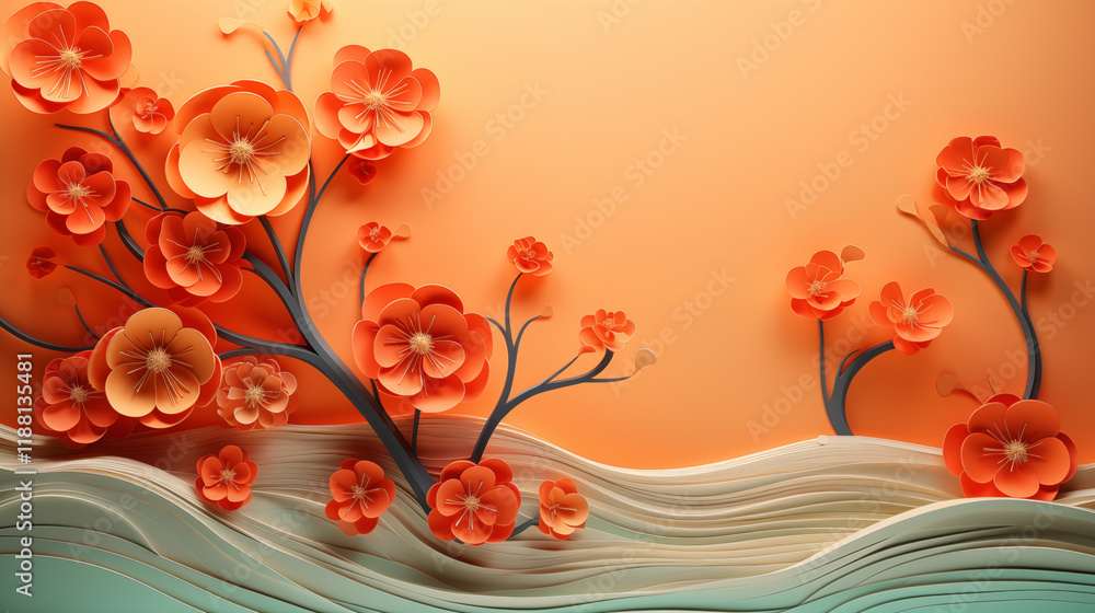 Canvas Prints A painting of a tree with orange flowers