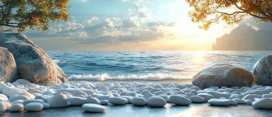 A tranquil beach scene at sunset featuring smooth white stones, gentle waves, and distant structures bathed in golden light under a sky with scattered clouds.