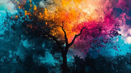 Vibrant multicolored texture abstraction featuring a forest tree with a distinctive breakaway piece, ideal for creative designs and artistic backgrounds in various projects.