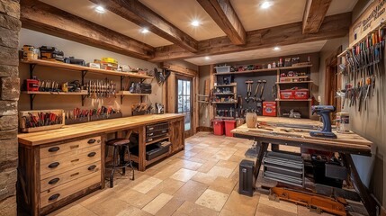 Spacious and Organized Workshop with Tools and Workbenches