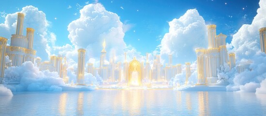 Heavenly city on cloudscape with golden gates and pillars.
