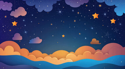 Celestial Dreamscape: A whimsical paper-cut illustration of a night sky filled with twinkling stars, fluffy clouds, and dreamy hues, perfect for children's books, bedtime stories.