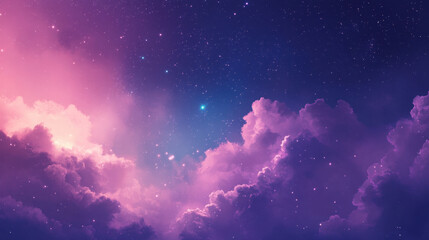 Fototapeta premium Celestial Canvas: A breathtaking night sky adorned with a celestial tapestry of twinkling stars, peeking through soft, ethereal clouds painted in hues of purple and pink.