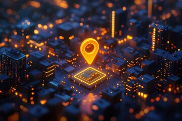 Glowing location pin above a futuristic city on a microchip.