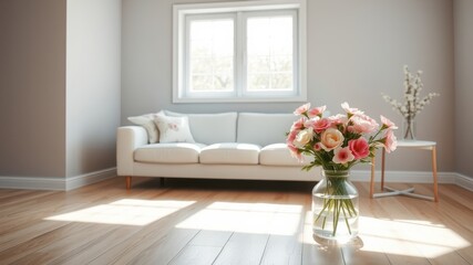 A bouquet of pink flowers in a glass vase sits on a wooden floor in a living room with a white sofa and window with sunlight streaming in.