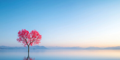 vibrant pink heart shaped tree stands alone in serene lake, reflecting calm sky and mountains