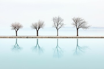 Tranquil Landscape with Bare Trees Reflecting in Calm Water on a Misty Day Near a Serene Lake