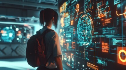 Naklejka premium Girl gazing at futuristic digital interface.
