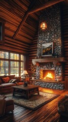 Obraz premium Cozy Rustic Cabin Interior with Stone Fireplace and Warm Decor