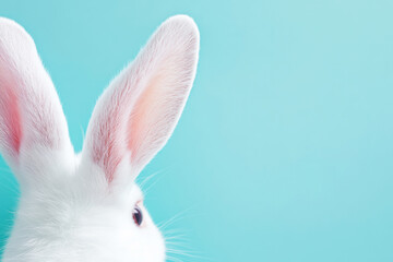 Obraz premium Cute white rabbit with long ears against a bright blue background making it a delightful visual for animal lovers