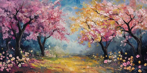 Blooming trees in spring create a vibrant scene filled with beauty, showcasing the splendor of nature as it awakens, featuring blooming trees that capture the essence of the season.