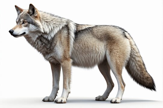 Gray wolf standing on white background.