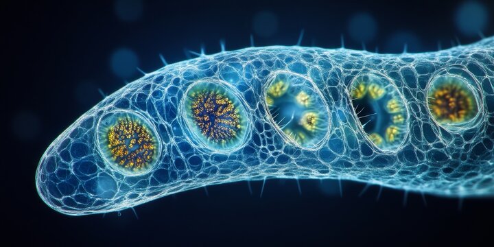 Paramecium caudatum observed using differential interference contrast DIC microscopy with lambda enhancement, showcasing the unique features of Paramecium caudatum in detail.
