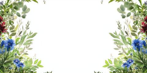 Fototapeta premium harmonious floral layout featuring colorful wildflowers and greenery, perfect for invitations or backgrounds