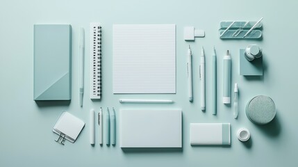 Stylish mint green workspace with stationery and office supplies