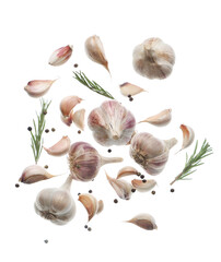 Flying fresh garlic with peppercorns and rosemary on white background