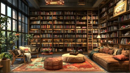 Obraz premium Cozy modern living room with bookshelves and inviting atmosphere