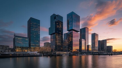 Fototapeta premium Modern Cityscape: Sunset Reflections on Glass Towers