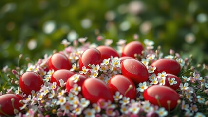 Obraz premium A cluster of shiny red Easter eggs nestled among delicate white blossoms, a vibrant springtime scene.