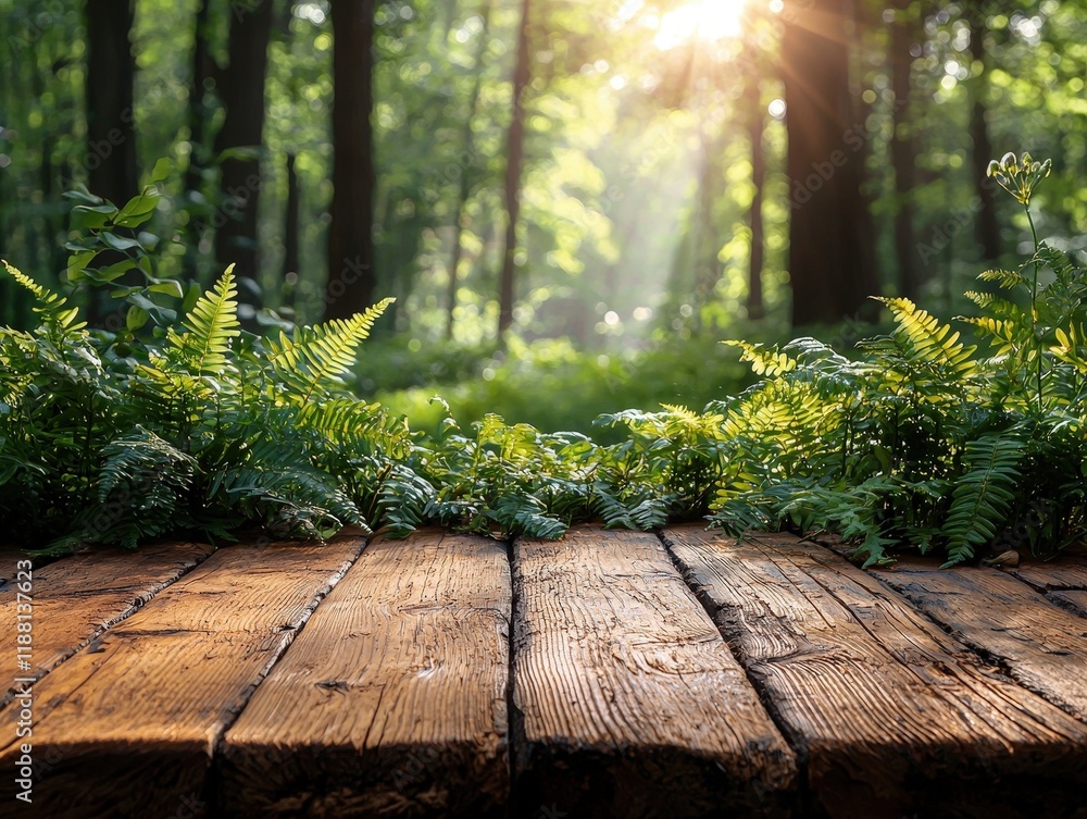Poster sunlit forest scene with ferns lining a rustic wooden platform. the sunlight streams through the tre