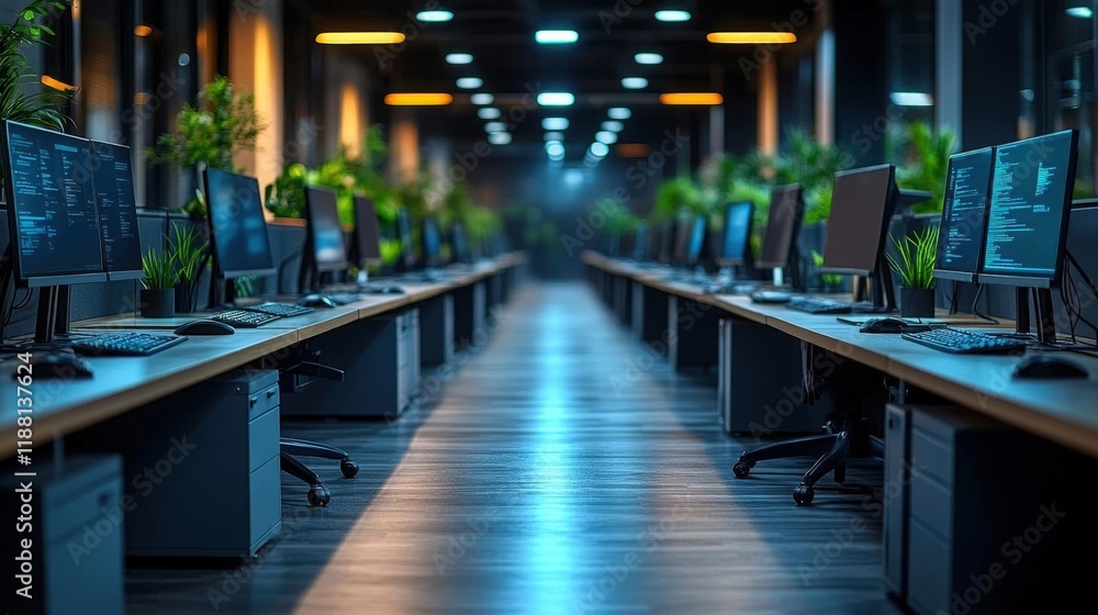 Poster empty modern office space with rows of computers and plants at night