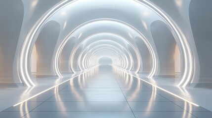 Obraz premium Futuristic white archway tunnel with glowing lines and reflective floor.