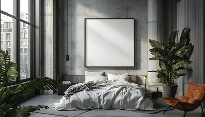 Illustration - Bedroom Interior Design with Blank Frame, Bed, Plants, and Window View