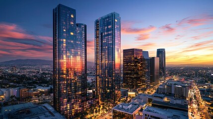 Sunset Cityscape: Majestic Towers Reflecting Golden Hues