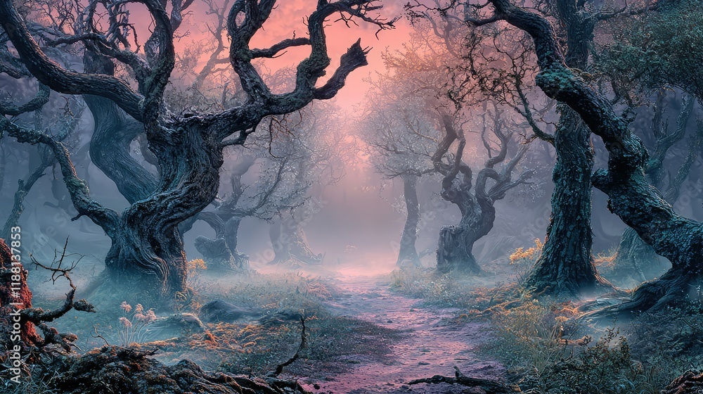 Aufkleber mystical forest path with twisted trees and ethereal light effects