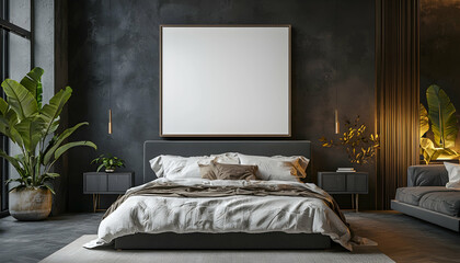 3D Illustration Bedroom Interior Design Mockup, Dark Walls, Plants, Gold Accents