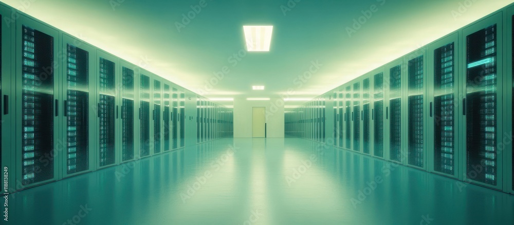 Poster server room corridor with rows of data storage units.