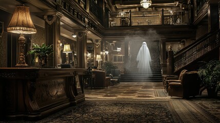 Haunting Ghostly Figure in Elegant Hotel Lobby with Vintage Decor