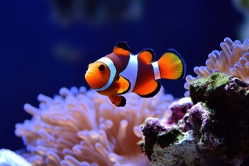Colorful clownfish swimming among soft coral in a vibrant underwater environment