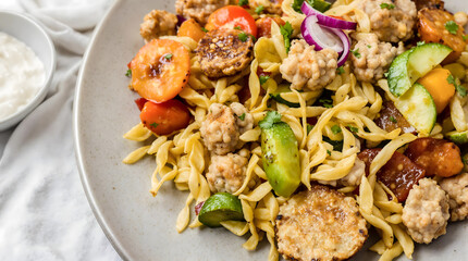 A plate of food with meat, vegetables, and pasta