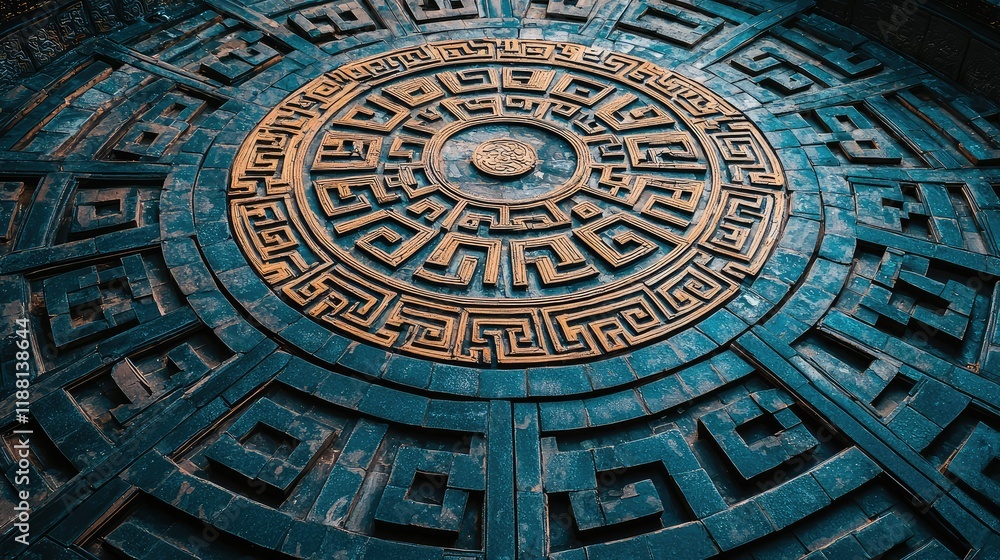 Poster intricate round pattern design on stone surface with geometric motifs