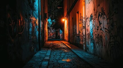 Obraz premium Narrow Alleyway at Night with Graffiti and Ambient Street Lights