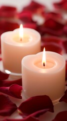 Romantic heart-shaped candles burning amidst rose petals, creating a serene spa atmosphere, ideal for Valentine's Day marketing