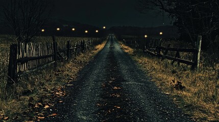 Dark Country Road at Night with Fences and Faint Lights