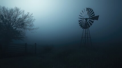 Serene Foggy Landscape with Vintage Windmill and Bare Tree