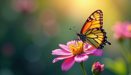 Fototapeta premium Colorful butterfly on a spring flower, with dew and light background , foliage, dewdrop