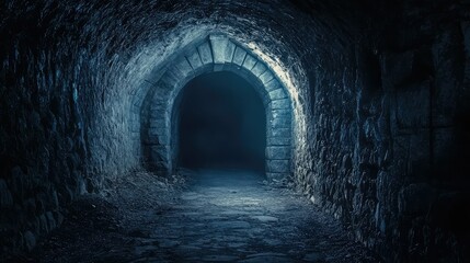 Obraz premium Dark Mysterious Tunnel with Arched Entrance in Ancient Stone Walls