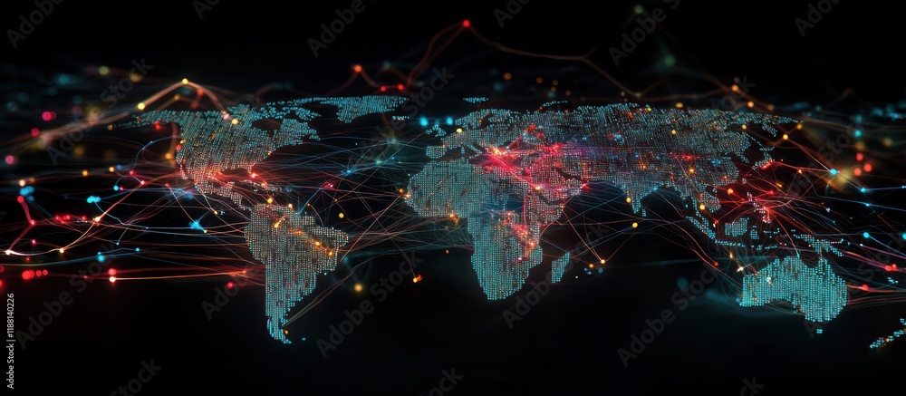 Poster global network connections visualized on a 3d world map.