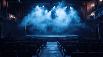 Naklejka premium Dramatic Stage Lighting with Fog in Empty Theater Space