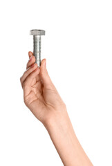 Hand holding large bolt on white background
