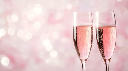 Sparkling Ros? Champagne Flutes, Pink Bokeh Background, Festive Celebration